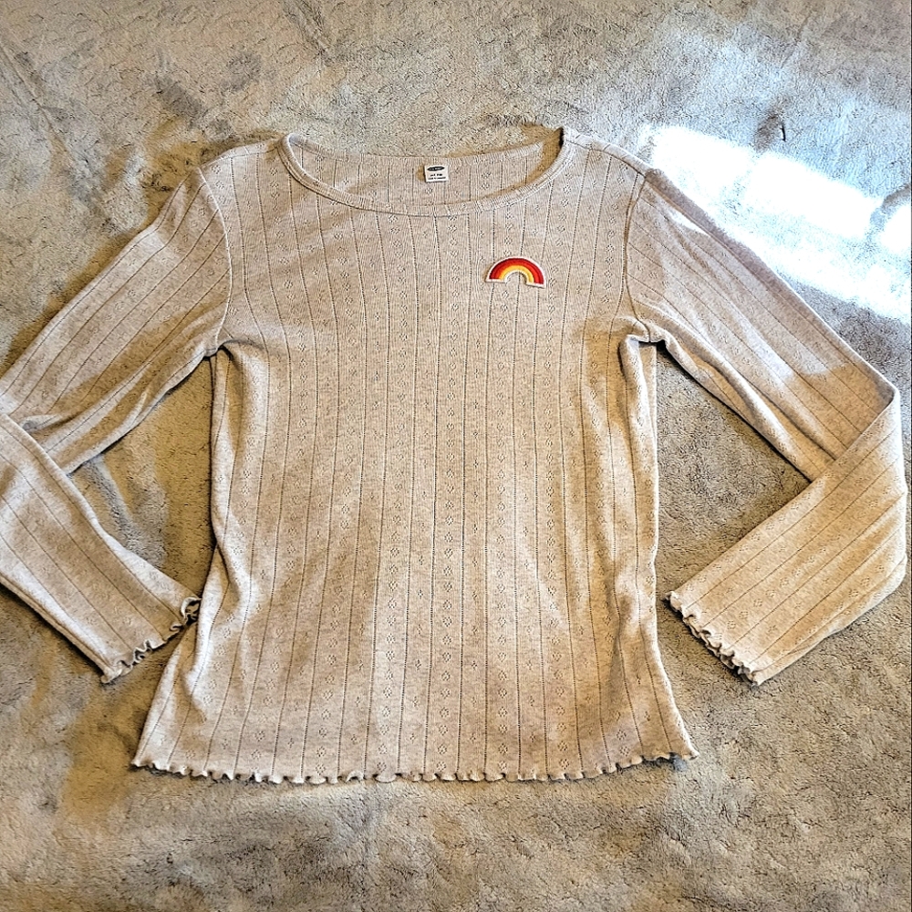 Old Navy EUC Lettuce Hem Long-Sleeved Gray Shirt w Rainbow, Girls XXL Size 16